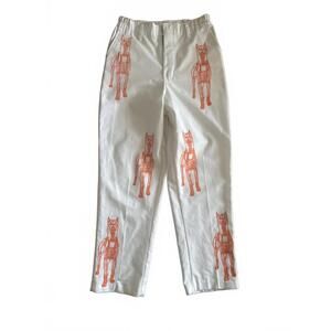 White Casual Pants with Orange Skeleton Dog Print